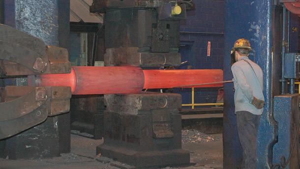 The step of the forging is now being draw out creating a spindle or a step shaft