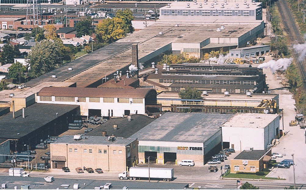 Aerial view of Franklin Park, IL, manufacturing facilities with multiple buildings and structures, Scot Forge.